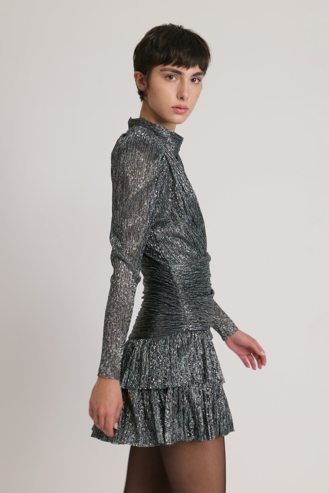 SABINA MUSAYEV - pleated_knit_w_multi_dot_foil_silver_teal_fw_23_24