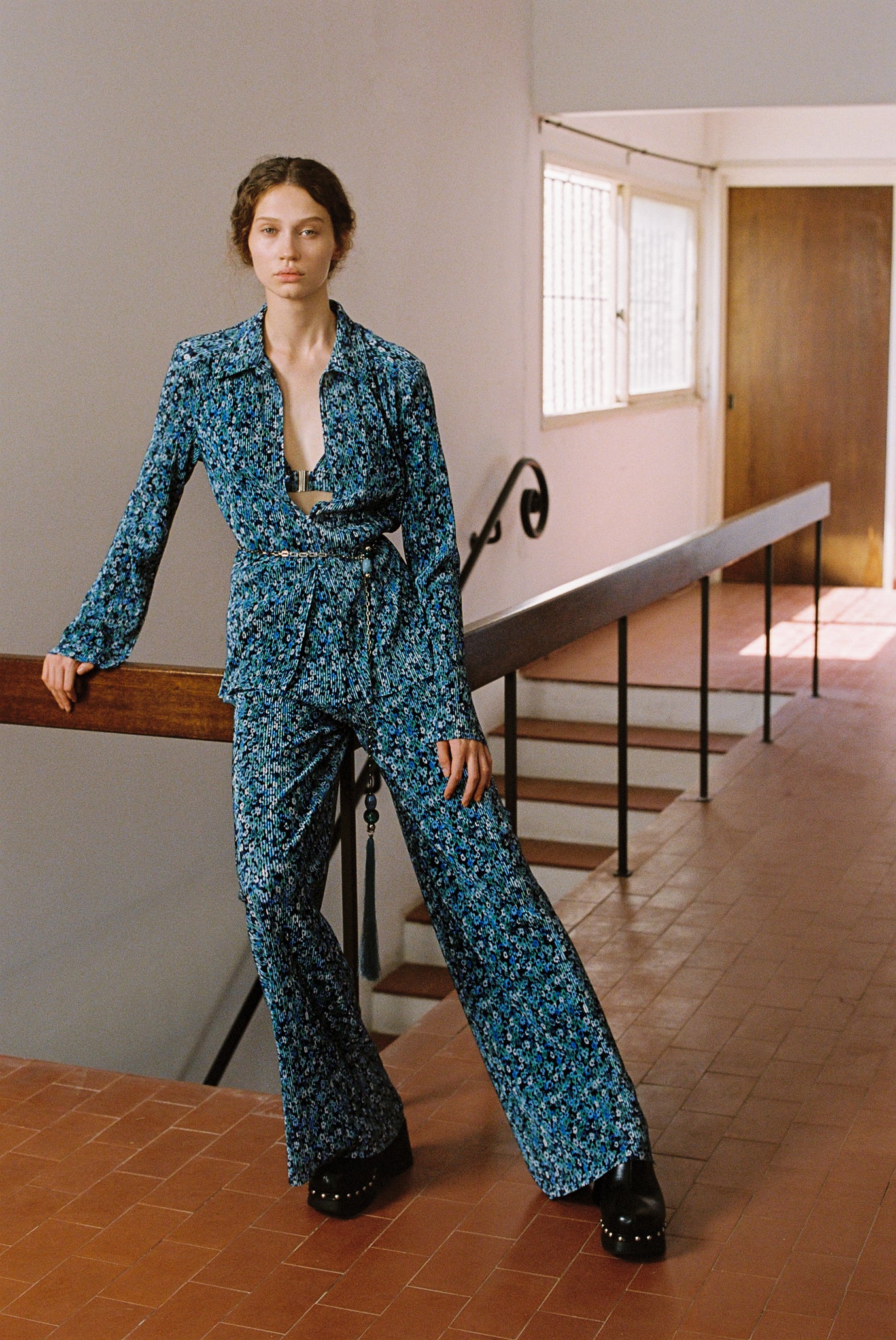 SABINA MUSAYEV - flora_pleated_knit_turquoise_print_fw_23_24
