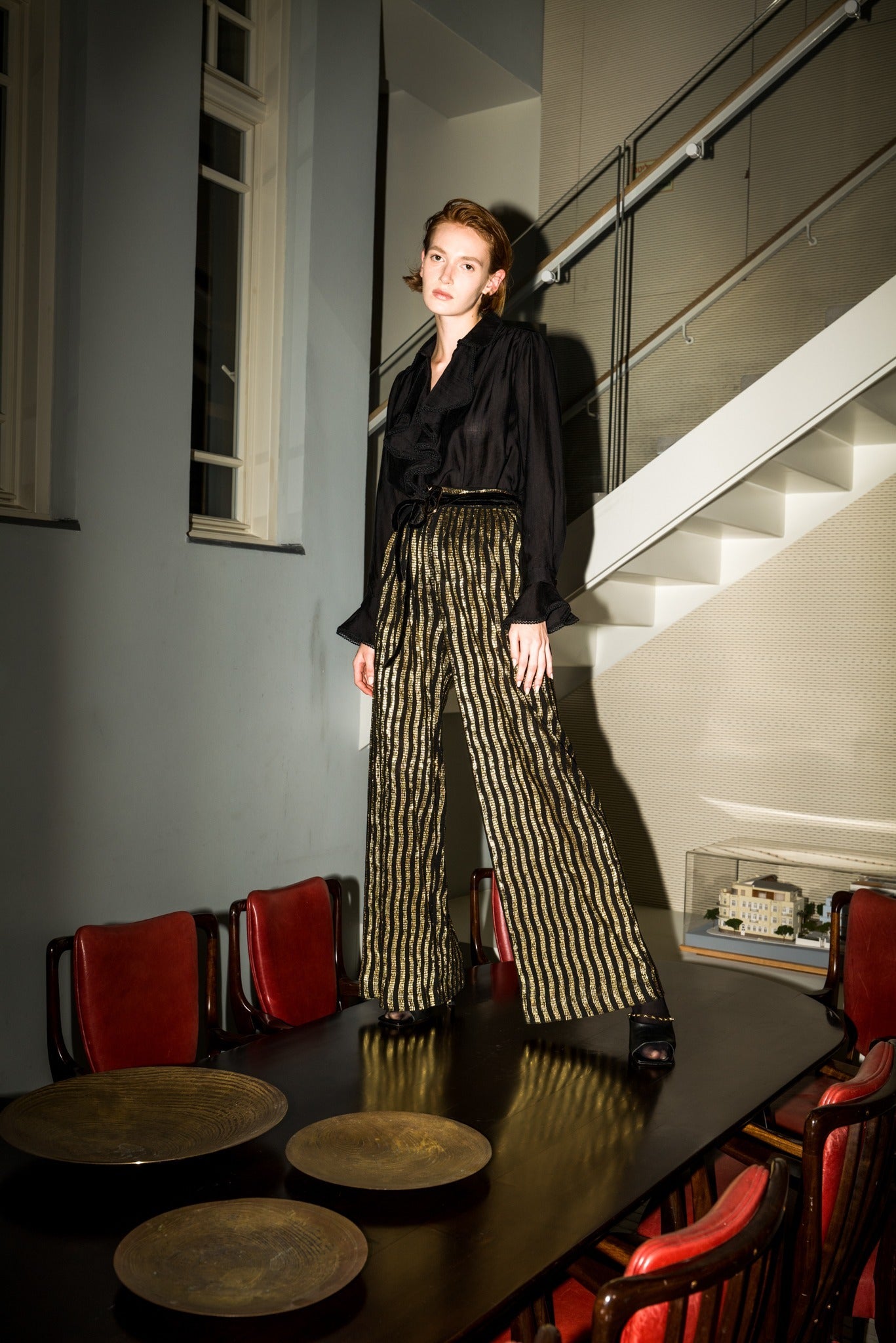 SABINA MUSAYEV - pleated_knit_w_gold_stripes_black