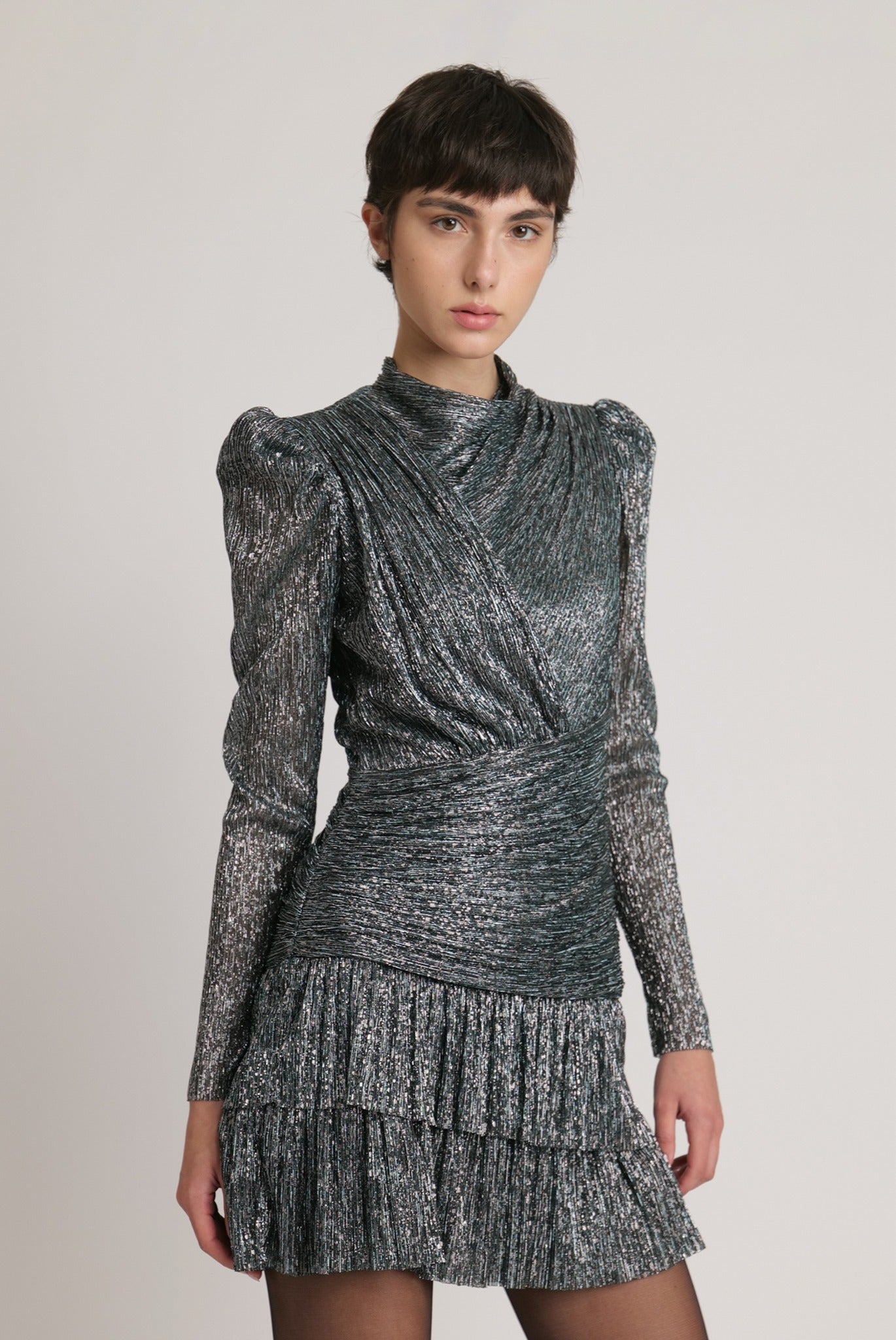 SABINA MUSAYEV - pleated_knit_w_multi_dot_foil_silver_teal_fw_23_24