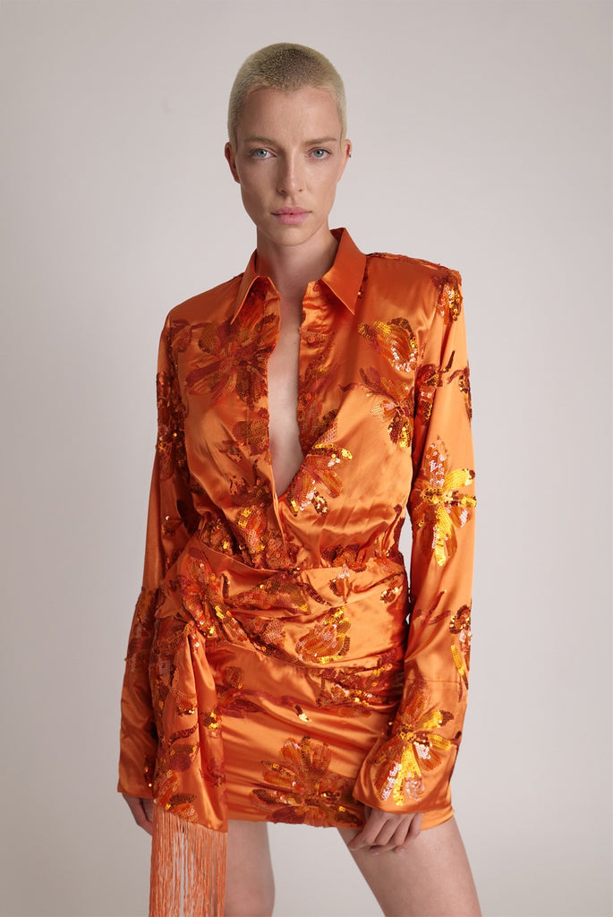 zanab orange dress Zainab Orange Satin Floral Print Tie Back Modest Dress House Of Haniya