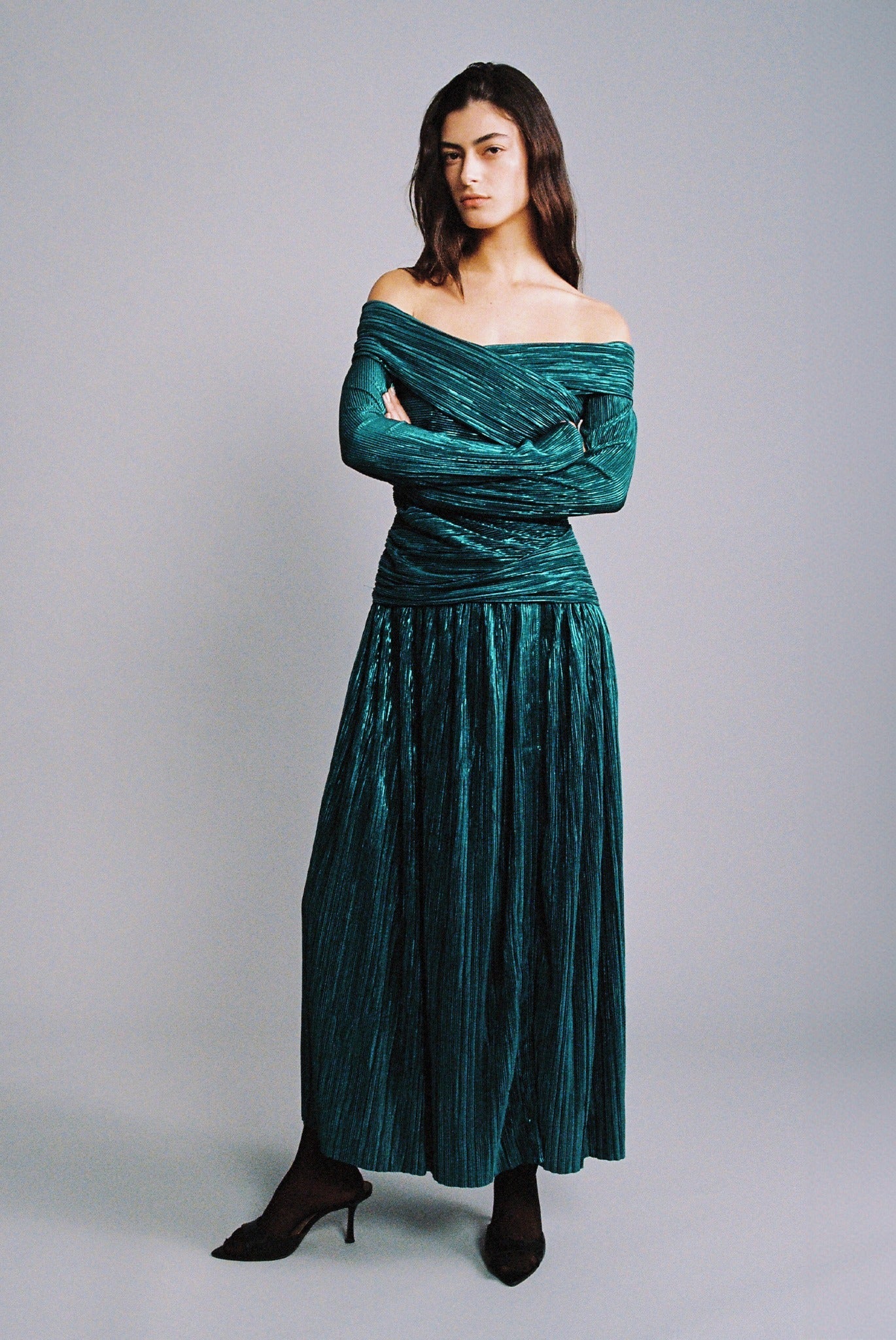 SABINA MUSAYEV - pleated_knit_w_foil_teal_fw_24_25