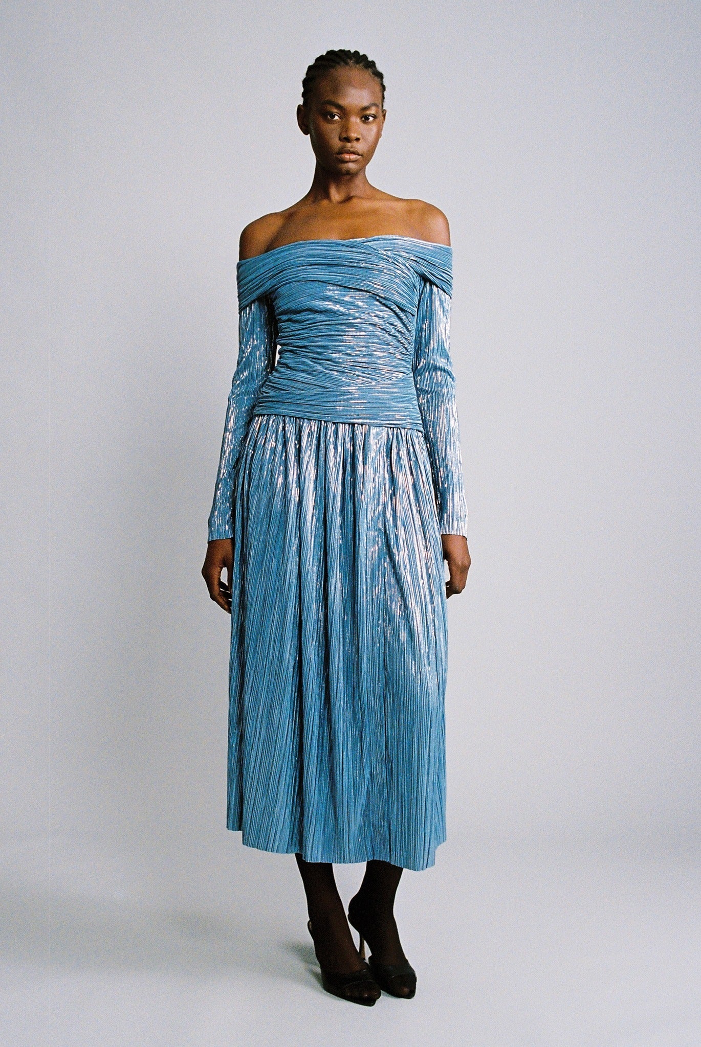 SABINA MUSAYEV - pleated_knit_w_foil_steel_blue_fw_24_25