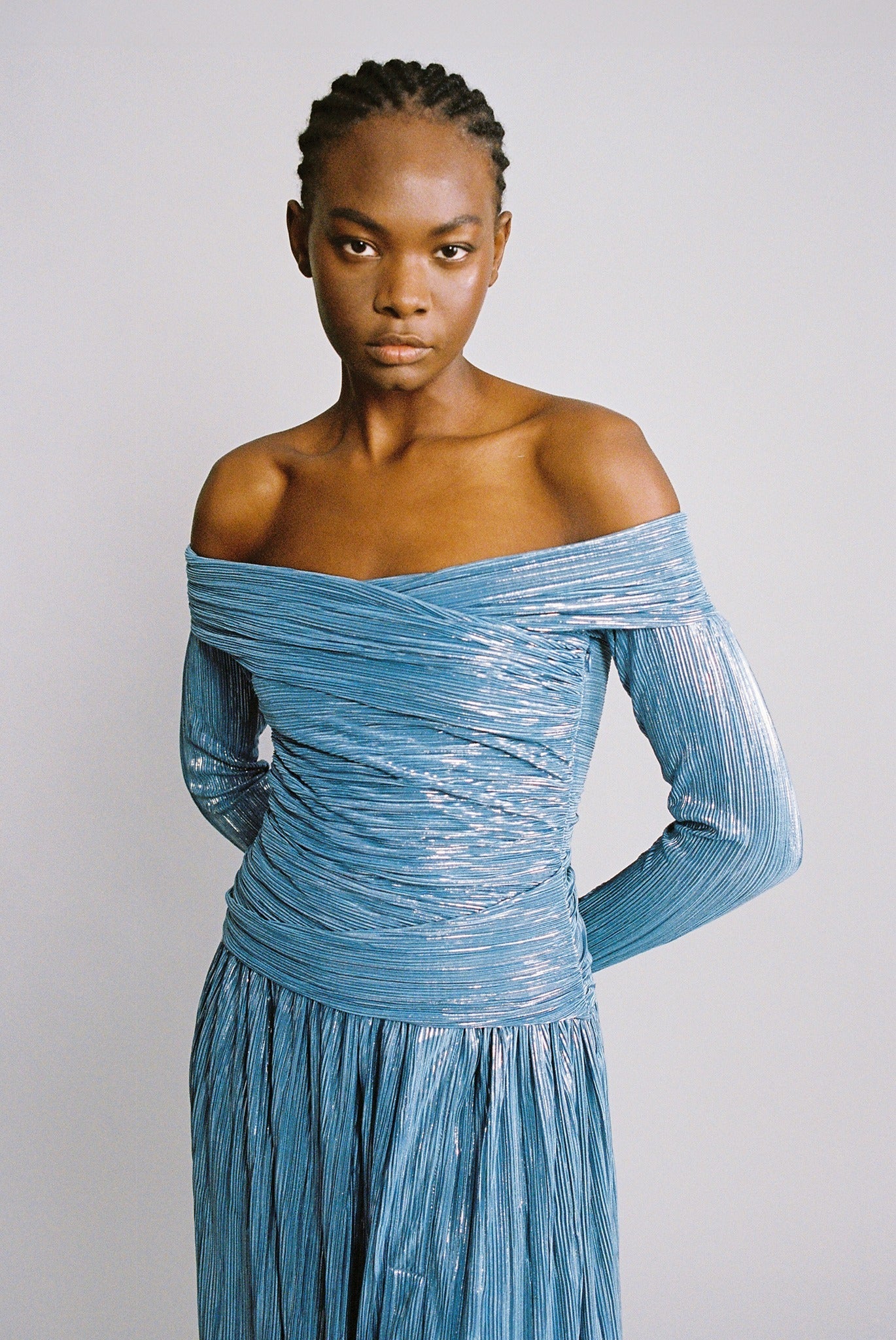 SABINA MUSAYEV - pleated_knit_w_foil_steel_blue_fw_24_25