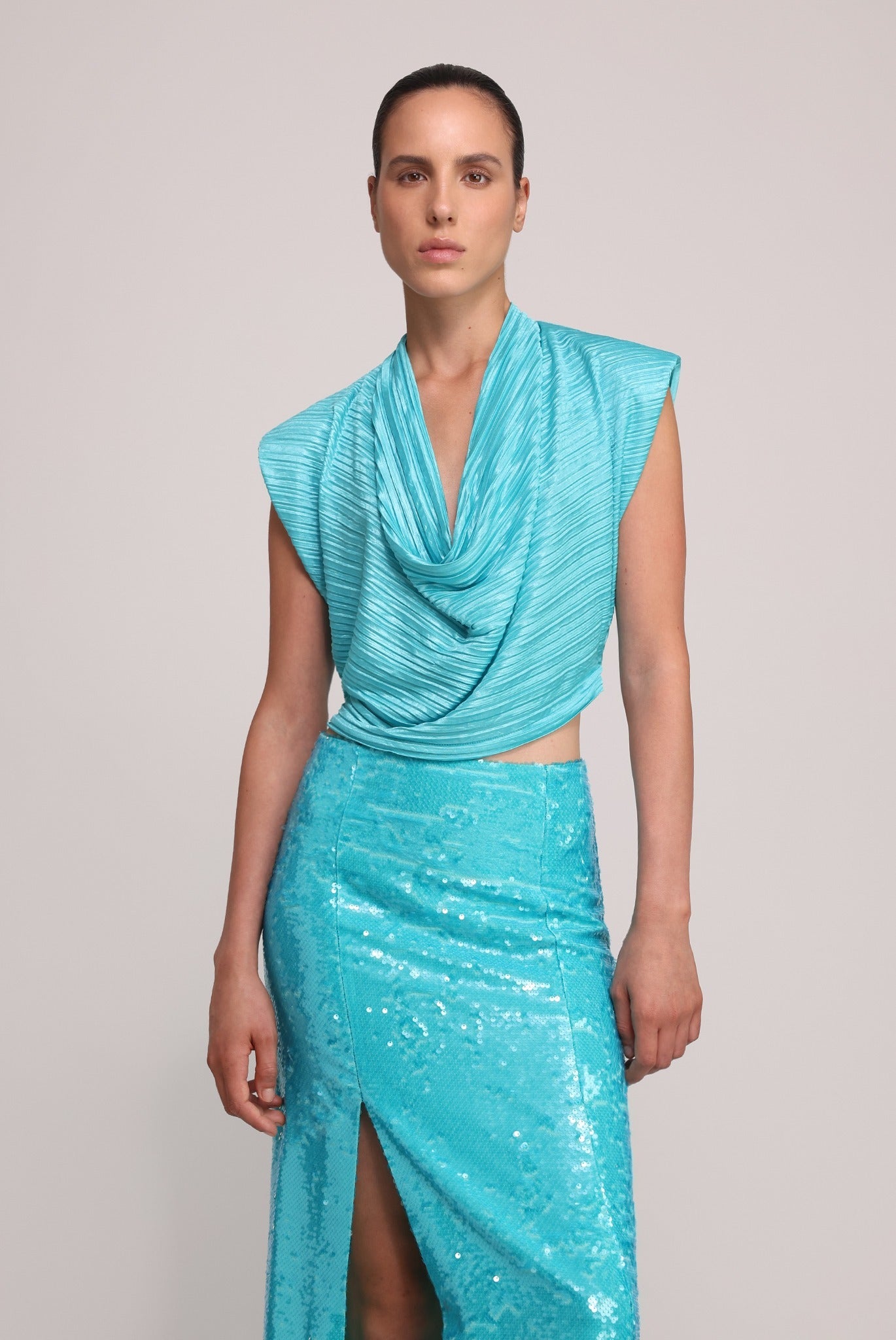 SABINA MUSAYEV - floral_embossed_pleated_knit_turquoise_summer_25