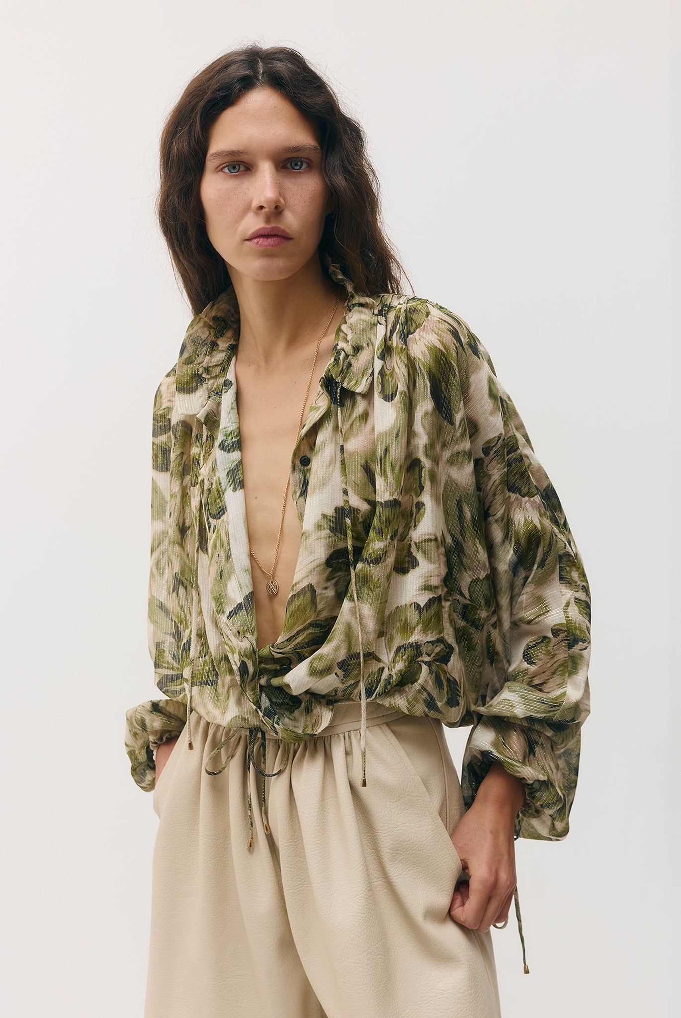 SABINA MUSAYEV - silk_blend_printed_chiffon_golden_olive_fw_26_27