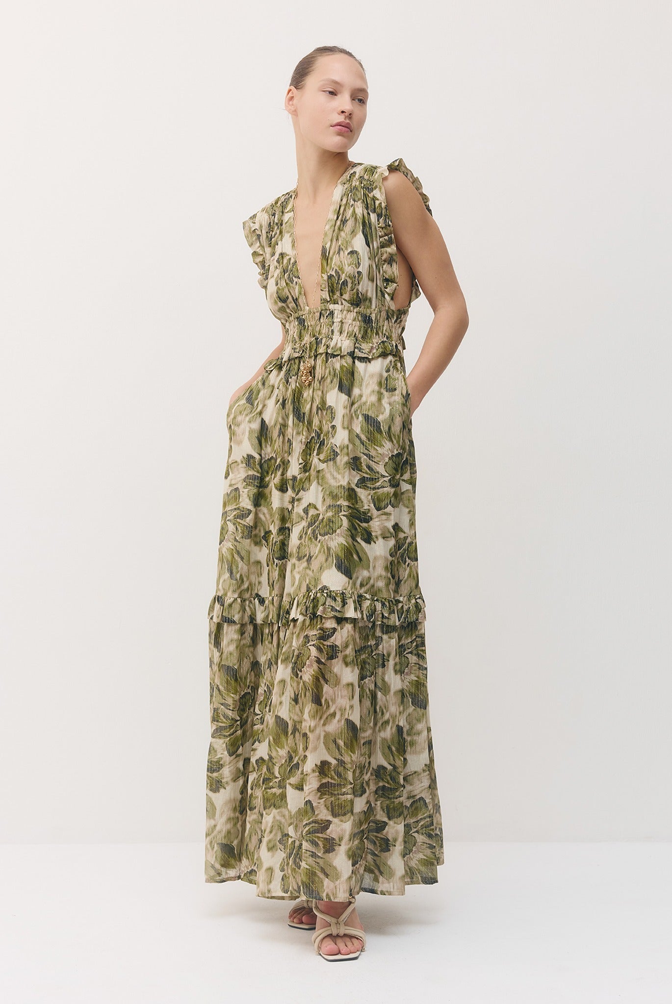 SABINA MUSAYEV - silk_blend_printed_chiffon_golden_olive_fw_26_27